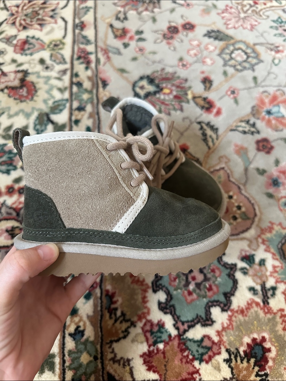 olive green and tan UGG kids' chukka boots